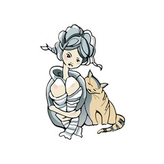 Sketch of cute cartoon girl with a cat.