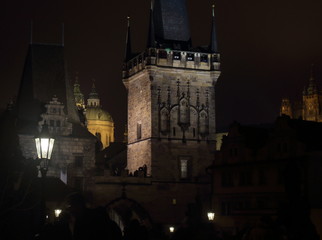 Lesser town Bridge tower, Prague by night, the famous romantic capital of Chech republic, Europe