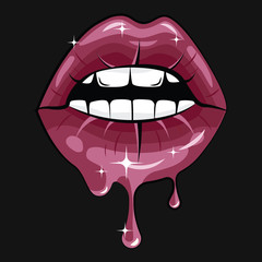 Cartoon fashion illustration with pink sexy female lips isolated on black background. Beauty fashion blog concept.