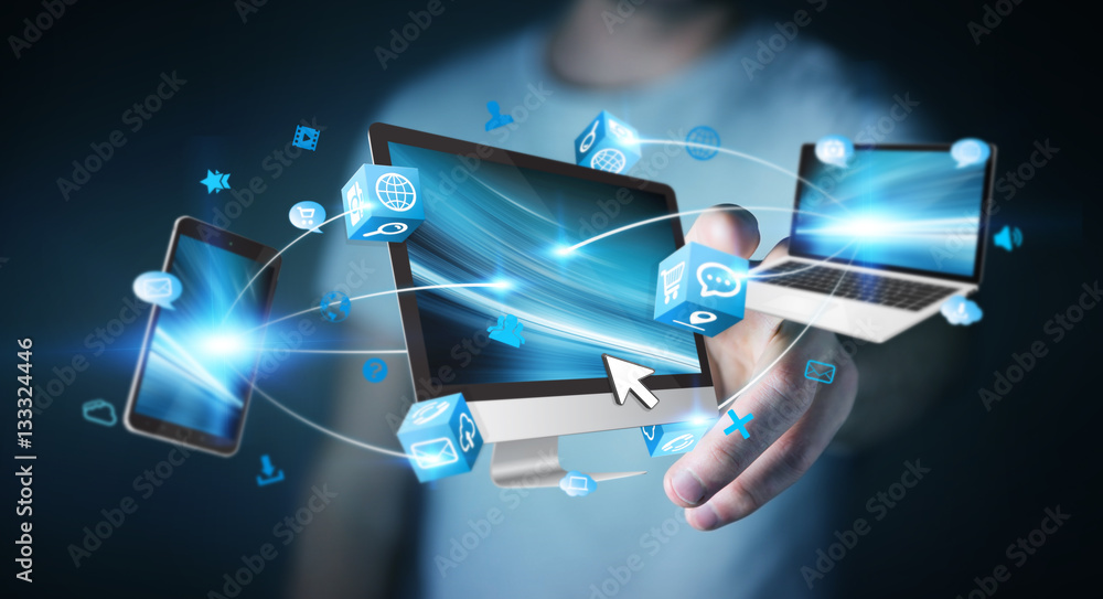 Poster businessman connecting tech devices and icons applications 3d re