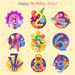 Happy birthday badges vector icons.