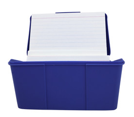 Isolated blue file card box with blank index card. Horizontal.