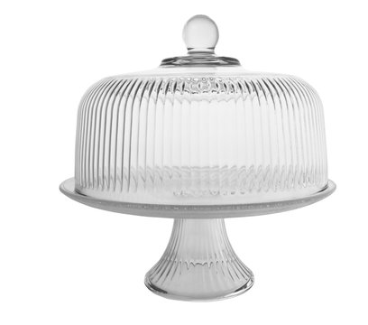 Isolated Empty Glass Cake Stand And Cover.