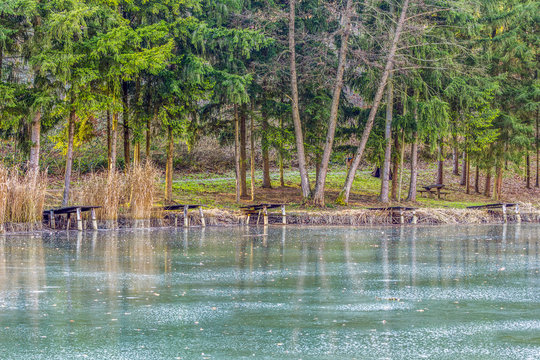 Frozen lake landscape in Zselic National Landscape Protection Area, Hungary, Europe