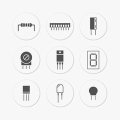 Electronic and radio components vector icon set in flat style