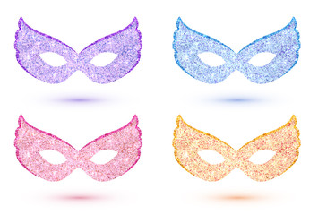 Set of bright carnival masks: pink, blue, violet and golden yellow