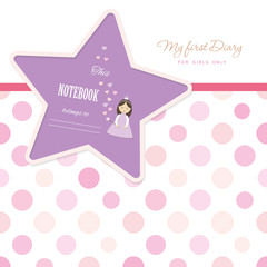 Cute template for notebook cover for girls. My first Diary. Included seamless polka dot pattern in pastel pink. Vector EPS10.