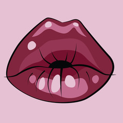Cartoon fashion illustration with pink sexy female lips. Beauty fashion blog concept.