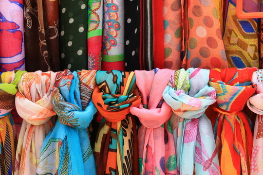 Colorful shawls at street market in Mostar , Bosnia and Herzegovina 