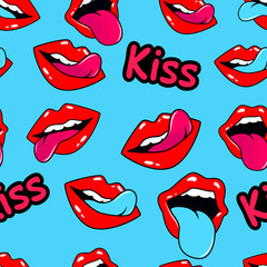 Female lips. Mouth with a kiss, smile, tongue, teeth and kiss me lettering on background. Vector comic seamless pattern in pop art retro style. Abstract seamless pattern for girls, boys, clothes.