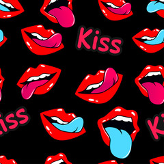 Female lips. Mouth with a kiss, smile, tongue, teeth and kiss me lettering on background. Vector comic seamless pattern in pop art retro style. Abstract seamless pattern for girls, boys, clothes.