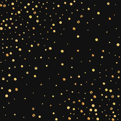 Sparse gold confetti. Abstract scattered pattern on black background. Vector illustration.