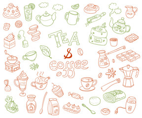 Big vector collection of doodle tae and coffee. Equipment  de