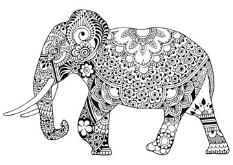 Fototapeta premium Indian elephant in style mihendi on a white background