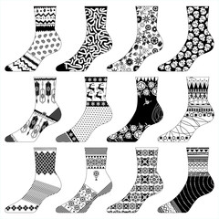 12 variously decorated socks. Black and white. Fabric design.