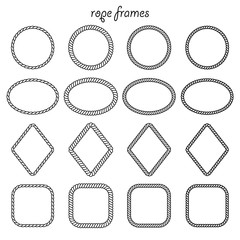 Vector set of round, oval, square and rhombus shape frame from rope isolated on white background. For the design of banners, brochures, cards