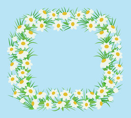 Vector rectangular floral frame in flat style. White flowers with green leaves and grass isolated on a blue background. For decoration and design greeting cards, invitations, weddings, birthday