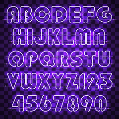 Glowing purple alphabet with letters from A to Z and digits from 0 to 9. Glowing neon effect. Every letter is separate unit with wires, tubes and holders and can be combined with other.