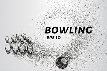 Fototapeta na wymiar Bowling from the particles. Skittles and ball are composed of circles and dots. Vector illustration