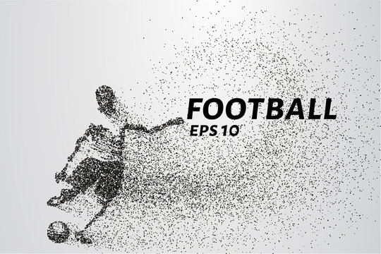 Football of the particles carries in the wind. Silhouette of a football player from circles.