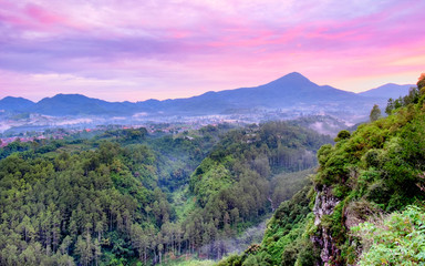 Forest and Colors of Indonesia, captured at sunrise,  showing hill and many trees in the bottom, located in Keraton Cliff, Bandung, West Java, Indonesia