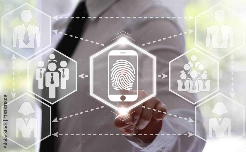 Poster businesswoman presses smartphone button with fingerprint on virtual hexagon screen. businessman touc