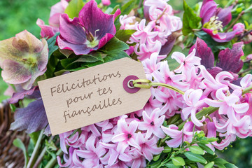 engagement / French greeting card with hyacinths and the text: Congratulations on your engagement