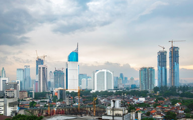 Iconic skyline of jakarta city, Indonesia, this is central of bussiness activity in Jakarta, captured at cloudy afternoon.  Contain one of most iconic building in Jakarta, represent whole Jakarta
