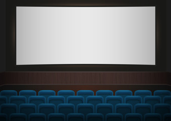 Interior of a cinema movie theatre. Blue cinema or theater seats in front of white blank screen. Empty Cinema auditorium vector background.