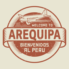 Stamp or tag with airplane text Welcome to Arequipa, Peru