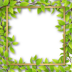Decorative gold frame, overgrown tree branches with green leaves and an empty space for text. Blank for advertising card or invitation.