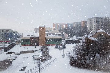 Heavy snowing in Brno. Weather calamity.