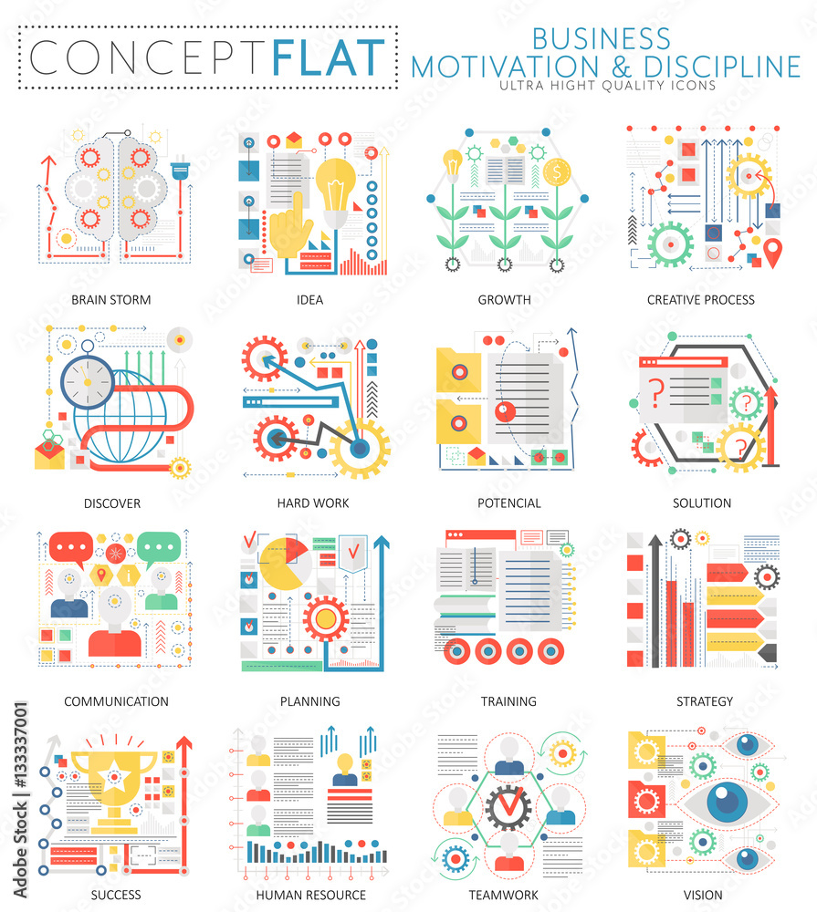 Aufkleber infographics mini concept business motivation icons for web. premium quality color conceptual flat d