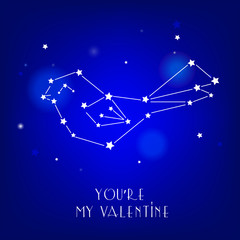 Fototapeta na wymiar Greeting card You're my valentine with star and constellation bird. Vector