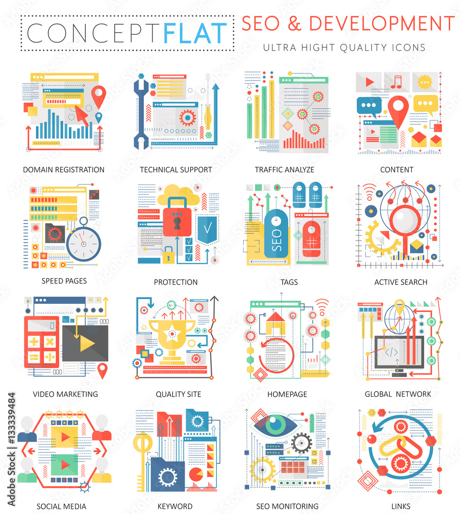 Aufkleber Infographics mini concept SEO and development icons for web. Premium quality color conceptual flat design web graphics icons elements. Medicine health concepts.