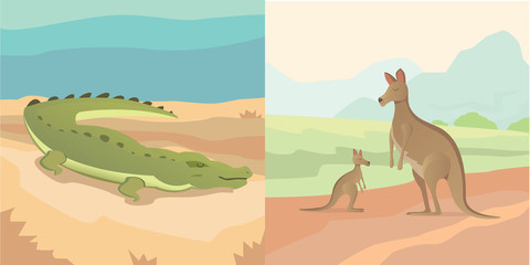 Vector illustration, adult kangaroo with baby and crocodile cartoon style isolated australian animals
