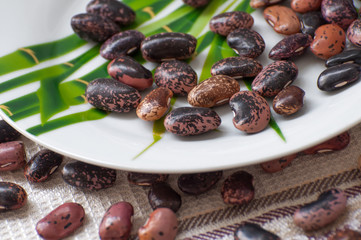 Dried kidney legumes haricot beans in a bowl closeup.
