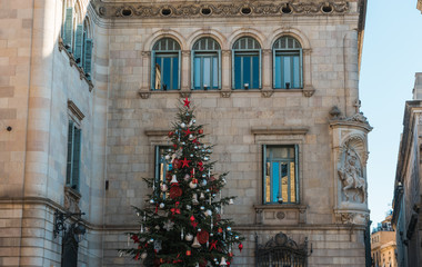 Fototapeta na wymiar christmas tree on old luxury building at barcelona