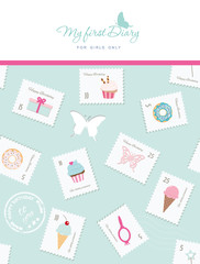Cute template for notebook cover for girls. My first Diary. Included seamless pattern with stamps, cupcakes and sweets.