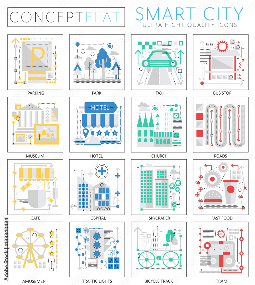 Poster infographics mini concept smart modern city elements icons for web. premium quality design web graph
