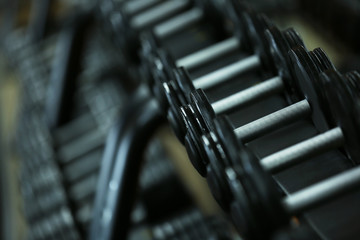 Rack with dumbbells in gym, close up view