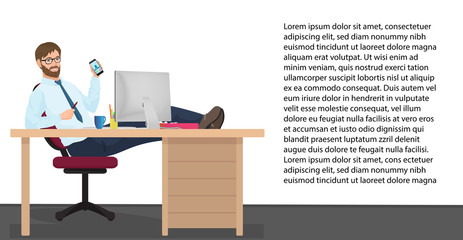 Successful businessman having rest on workplace in office. Vector Man manager sits on a chair, his feet on the table.