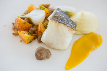 Sea Bass, dill polenta cake, sauteed courgette, rocket and shellfish mayo on plate.