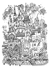 Fairy town illustration with lots of detailed buildings and trees
