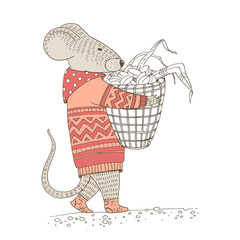 Fototapeta premium Vector illustratoin. Cute animal like humans. Humanized animal. Dressed mouse stores for the winter grains. Mouse carries a basket with grains