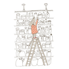 Vector illustratoin. Cute animal like humans. Humanized animal. Dressed mouse folds jam in the pantry. Basement with lots of shelves hammered stocks and jam