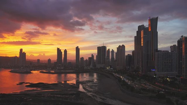 panama city skyline cityscape at the sunset aerial view from skyscraper