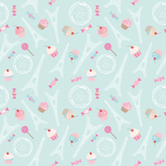 Cute seamless pattern background with Eiffel tower, cupcakes and sweets on pastel blue. For web page design, notebook cover, wrapping or scrapbook paper. Vector EPS10.
