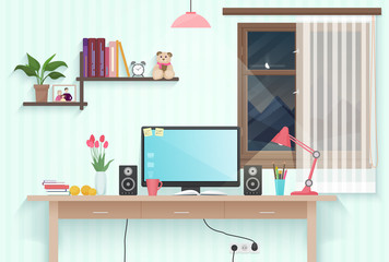 Modern teenager girl room with workplace. Woman female desktop workplace computer in the modern office or home.