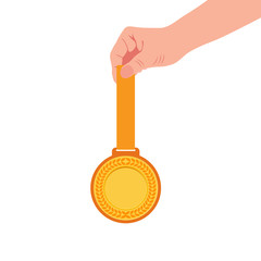 Gold medal champion in the hand. Vector, icon flat